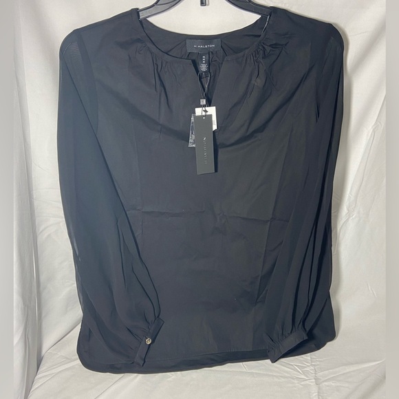 NWT H Halston split neck women’s blouse with puff sheer sleeves size medium - Picture 1 of 11